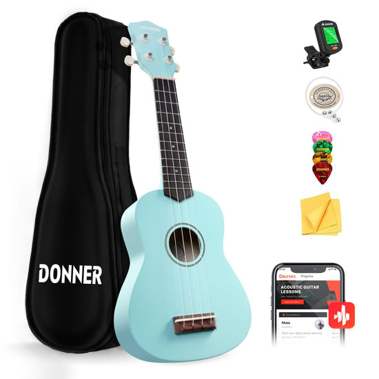 Picture of Donner Soprano Ukulele for Beginner 21 Inch Matte Ukulele Beginner Kit with Bag Strap Tuner Strings Picks Cloth, Free Online Lessons, Holiday Christmas & Birthday Gift (Cyan Blue)