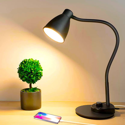 Picture of BOHON LED Desk Lamp with USB Charging Port 3 Color Modes Dimmable Reading Light Intelligent Induction Auto Dimming Task Lamp Flexible Gooseneck Table Lamp for Bedside Office, AC Adapter Include