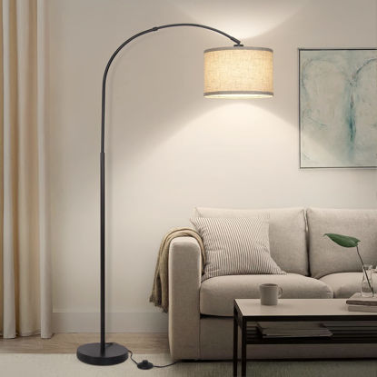 Picture of Arc Floor Lamps for Living Room, Modern Standing Lamp with Adjustable Hanging Drum Shade, Tall Pole Lamp with Foot Switch, Over Couch Arched Reading Light for Bedroom, Office (Black)