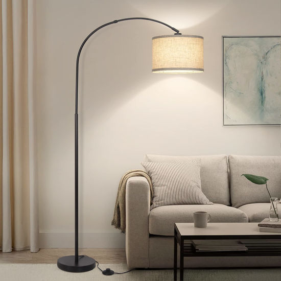 Picture of Arc Floor Lamps for Living Room, Modern Standing Lamp with Adjustable Hanging Drum Shade, Tall Pole Lamp with Foot Switch, Over Couch Arched Reading Light for Bedroom, Office (Black)