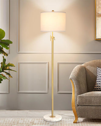 Picture of Modern Floor Lamp for Living Room, Adjustable Height Standing Lamp with Marble Base, 3-Way Dimmable Gold Brass Tall Pole Light with White Linen Shade for Reading, Bedroom, Chain Switch, Bulb Included
