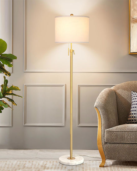 Picture of Modern Floor Lamp for Living Room, Adjustable Height Standing Lamp with Marble Base, 3-Way Dimmable Gold Brass Tall Pole Light with White Linen Shade for Reading, Bedroom, Chain Switch, Bulb Included
