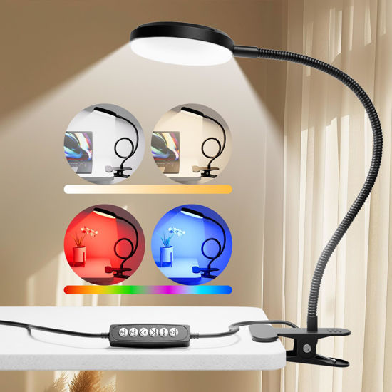 Picture of Reifeiniwei Desk Lamp with Clamp-10W，2-in-1 with RGB Ambient Light & Warm White Light,Book Reading Light Color Changeable/Flexible Gooseneck LED Lamps Clip on Bed Headboard and Computers 800LM-Black