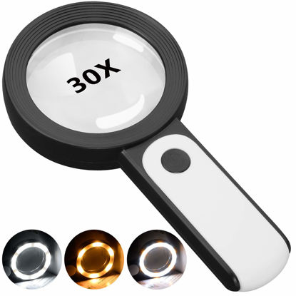 Picture of JMH Magnifying Glass with Light, 30X Handheld Large 18LED Cold and Warm Light with 3 Modes, Illuminated Magnifier for Seniors Reading, Inspection, Coins, Jewelry, Exploring