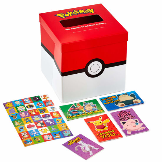 Picture of Hallmark Pokémon Valentines Day Cards and Mailbox for Kids School Classroom Exchange (1 Box, 32 Valentine Cards, 35 Stickers, 1 Teacher Card)