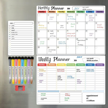 Picture of Hivillexun Magnetic Dry Erase Calendar Whiteboard Set (3-Pack) for Fridge, Wall, and Refrigerator Organization - Monthly, Weekly, and Daily Planners with 8 Markers and Eraser