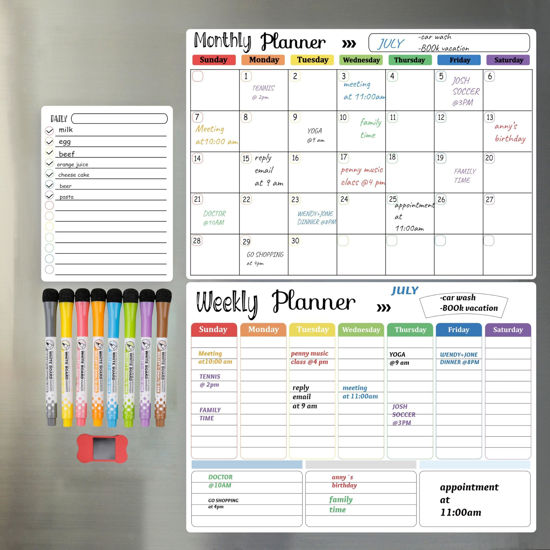 Picture of Hivillexun Magnetic Dry Erase Calendar Whiteboard Set (3-Pack) for Fridge, Wall, and Refrigerator Organization - Monthly, Weekly, and Daily Planners with 8 Markers and Eraser