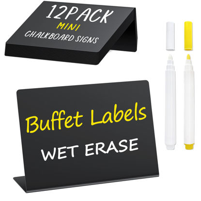 Picture of PigPotParty 12 Pcs 4"x3" Small Food Labels for Party Buffet - Mini Chalkboard Signs for Food Display - Bakery Appetizer Labels - Table Name Tags - Place Cards - Include 2 Wet Erase Markers