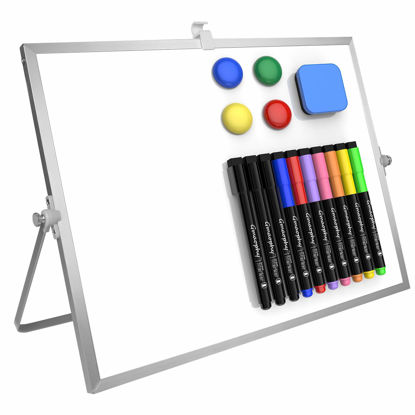 Picture of GMAOPHY Dry Erase White Board, 16inX12in Large Magnetic Desktop Whiteboard with Stand, 10 Markers, 4 Magnets, 1 Eraser, Portable Double-Sided White Board Easel for Kids Memo to Do List Desk School
