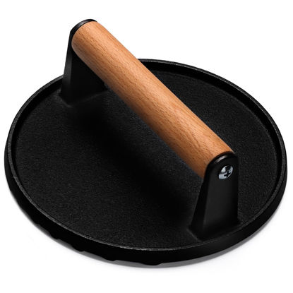 Picture of EWFEN Burger Press, 7" Round Heavy-Duty Cast Iron Smash Bacon Press Meat Steak with Wood Handle for Griddle, Sandwich, Nonstick Pan