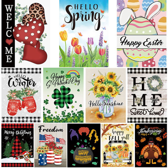 Picture of Pating Seasonal Garden Flags Set of 12 Double Sided 12 x 18 Inch, Small Yard Flags for Outside, Christmas Halloween Easter Valentine's Day Outdoor Decor, Holiday Garden Decorations for All Seasons