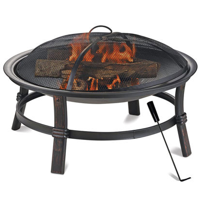 Picture of Mr. Bar-B-Q 29 Inch Wood Burning Steel Fire Pit Bowl Outdoor Bonfire Fireplace with Spark Screen and Poker for Deck, Patio, and Backyard Porch, Black