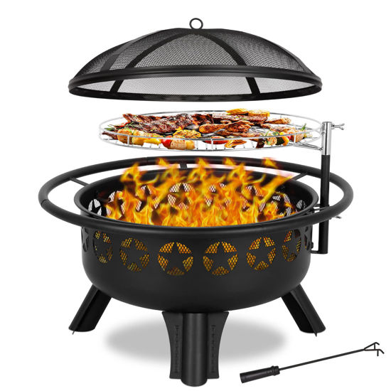 Picture of Hykolity 2 in 1 Fire Pit with Grill, Large 31" Wood Burning Fire Pit with Swivel Cooking Grate Outdoor Firepit for Backyard Bonfire Patio Outside Picnic BBQ, with Spark Cover, Fire Poker