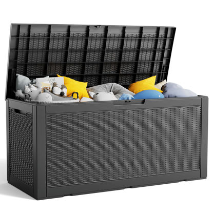 Picture of 100 Gallon Deck Box, Large Resin Outdoor Storage Box Waterproof, Outside Deck Box with Lockable Lid for Patio Furniture, Pool Tools, Outdoor Equipments and Garden Tools