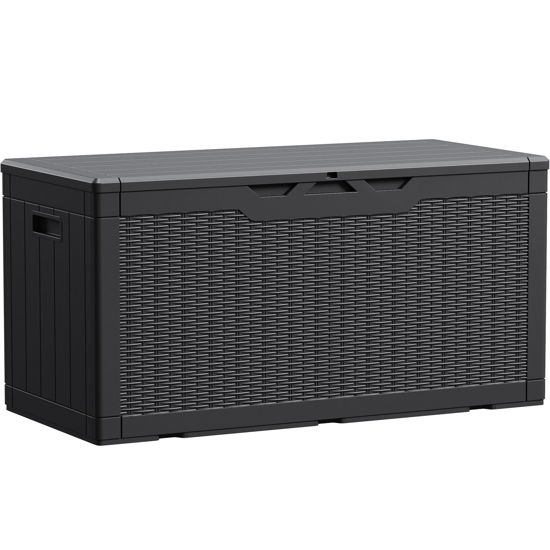 Picture of Devoko 100 Gallon Waterproof Large Resin Deck Box Indoor Outdoor Lockable Storage Container for Patio Furniture Cushions Garden Tools (100 Gallon, Black)