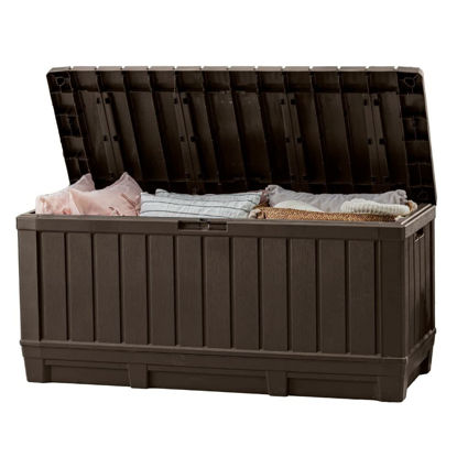 Picture of Keter Kentwood 92 Gallon Resin Deck Box-Organization and Storage for Patio Storage Box Outdoor Cushions, Throw Pillows, Garden Tools and Pool Floats, Brown
