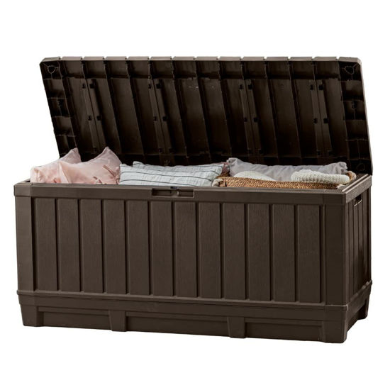 Picture of Keter Kentwood 92 Gallon Resin Deck Box-Organization and Storage for Patio Storage Box Outdoor Cushions, Throw Pillows, Garden Tools and Pool Floats, Brown
