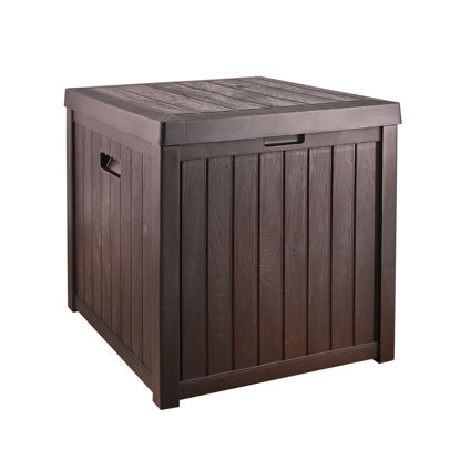 Picture of EHHLY Deck Box, 51 Gallon Front Porch Package Bin Delivery Box for Outside, Small Patio Outdoor Storage Boxes Waterproof, UV Resistant Plastic Resin Pool Storage Bins with lids, Brown