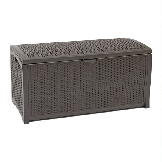 Picture of Suncast DBW9200 99 Gallon Outdoor Wicker Plastic Patio Storage Chest Bin with Handles for Patio, Garden, Garage, or Pool for All Weather, Mocha