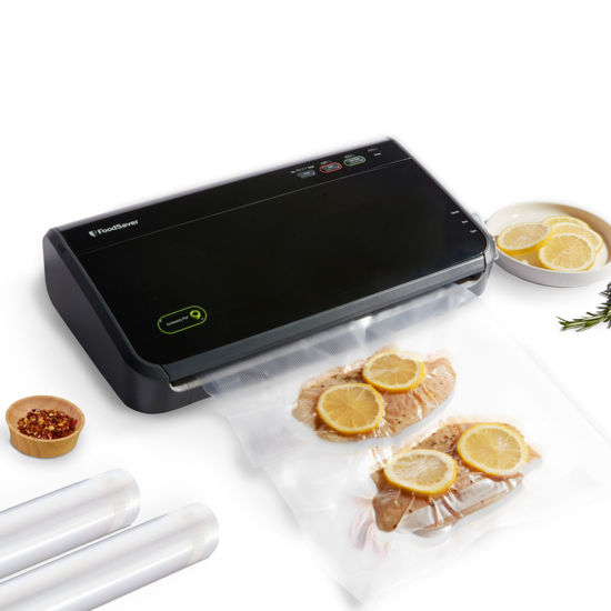Picture of FoodSaver Vacuum Sealer Machine, Automatic Bag Detection, Sous Vide Friendly, with sealer bags, roll, handheld vacuum sealer, black