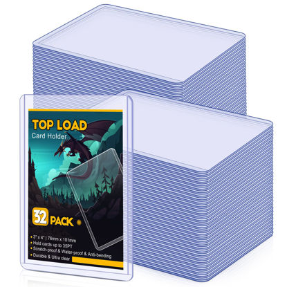 Picture of 32 Count Topload Card Holder, Sooez 35PT Topload Card Protector, 3" x 4" Hard Plastic Card Sleeves, Baseball Card Protector, Rigid Toploading Card Case for Collectible Trading Sports Cards