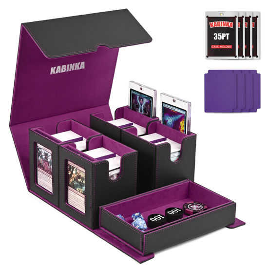 Picture of Card Deck Box for MTG with Commander Display, 5 in 1 Trading Card Storage Box Fit 400 Double-sleeved Cards, Removable Deck Case for TCG/Sports Cards with 4 Magnetic Card Holders (Black Purple)