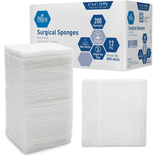 Picture of MED PRIDE 4”x 4” Gauze, 200 Surgical Sponges 12-ply Extra Absorbent | All-Gauze, Non-Sterile| Great for Wound Dressing, Prepping, Scrubbing & Cleaning| Essential First-Aid
