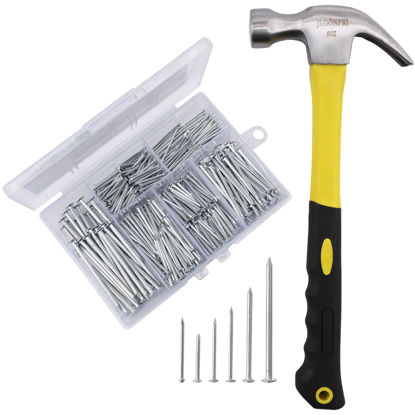 Picture of 376pcs Hardware Nails Assortment kit with 2" Nails & 8oz Claw Hammer, Nails for Hanging Pictures, Picture Hanging Nails, Finishing nails, Wall nails, Small nails, Wood nails and Hammer