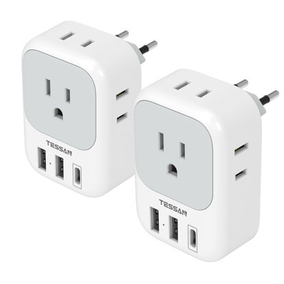 Picture of 2 Pack European Travel Plug Adapter USB C, TESSAN US to Europe Plug Adapter with 4 Outlets 3 USB Charger, Type C Power Adaptor to Italy Spain France Portugal Iceland Germany, White Gray