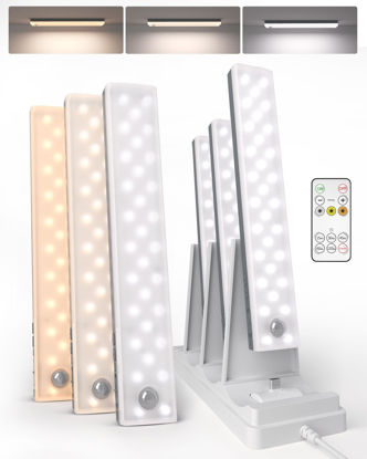 Picture of EZVALO 62LED Under Cabinet Lighting with Charging Station 6 Pack, 2000mAh Rechargeable Battery Operated Motion Sensor Light, 3 Color Temps, Dimmable Wireless Closet Lights w/Remote for Kitchen, Pantry