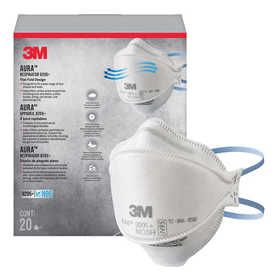 Picture of 3M Aura Particulate N95 Respirator 9205+, Flat Fold Lightweight Design, Non-Valved, 20 Count (Pack of 1)