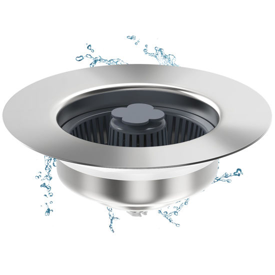 Picture of 3 in 1 Kitchen Sink Drain Strainer & Stopper Kit, SUS304 Stainless Steel Pop-up Kitchen Drain Stopper with Strainer Basket, Fast Drainage Kitchen Sink Plug for Standard 3-1/2 Inch Drain