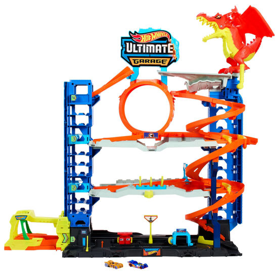 Picture of Hot Wheels City Ultimate Garage Track Set with 2 Die-Cast Toy Cars & Car-Eating Dragon, Stores 50+ Vehicles, 4 Levels