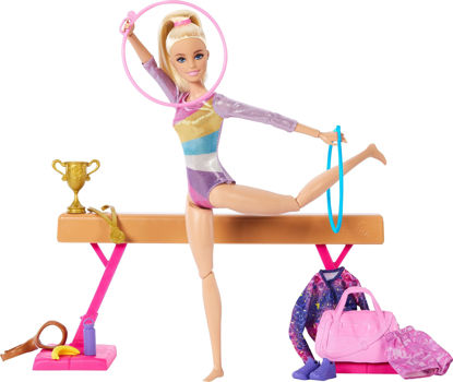 Picture of Barbie Careers Playset, Gymnastics Set with Blonde Gymnast Fashion Doll, C-Clip for Flipping Action, Balance Beam, Warm-Up Suit & Accessories