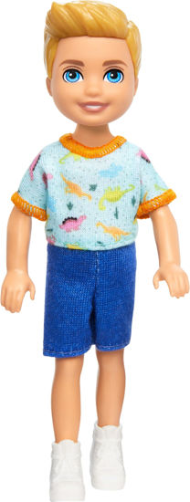 Picture of Barbie Chelsea Doll, Small Boy Doll Wearing Removable One-Piece with Dinosaur Print & White Shoes, Blond Hair & Blue Eyes