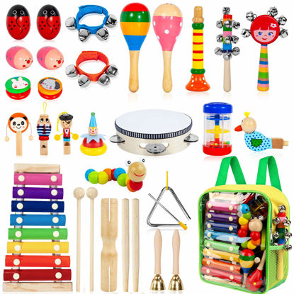 Picture of Kids Musical Instruments, 33Pcs 18 Types Wooden Percussion Instruments Tambourine Xylophone Toys for Kids Children, Preschool Education Early Learning Musical Toy for Boys and Girls