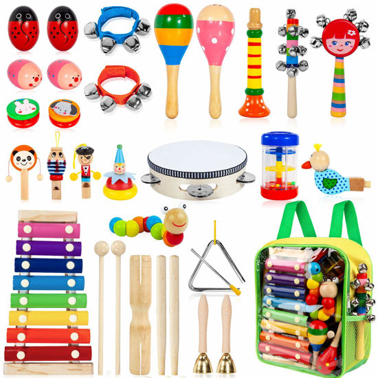 Picture of Kids Musical Instruments, 33Pcs 18 Types Wooden Percussion Instruments Tambourine Xylophone Toys for Kids Children, Preschool Education Early Learning Musical Toy for Boys and Girls