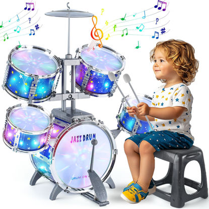 Picture of Upgraded Kids Drum Set for Toddlers 1-3, Kids Jazz Drum Ages 3-5, Star Light up Musical Instrument Toys for Boys Girls 2-5 4-6 5-7 ( All Plastic)