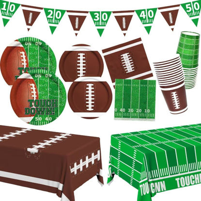 Picture of Football Party Supplies Kit Serve 24,Includes Dinner Plates, Dessert Plates, Napkins, Cups,Banner and Touchdown Tablecloth for Football Birthday Party Football Game Day Tailgate Party Decorations