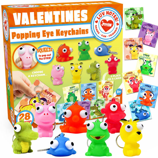Picture of JOYIN 28 Packs Valentine's Day Gift Cards with Popping Eyes Animal Keychains for Kids Party Favor, Classroom Exchange Prizes, Valentine’s Greeting Cards