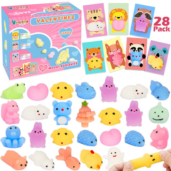 Picture of Valentines Cards for Kids Classroom - 28 Packs Cute Mochi Squishies Toys with Cards, Valentine Party Favors Toys for Boys & Girls, Kids Exchange Cards for School Classroom, Ideal Valentine Gifts