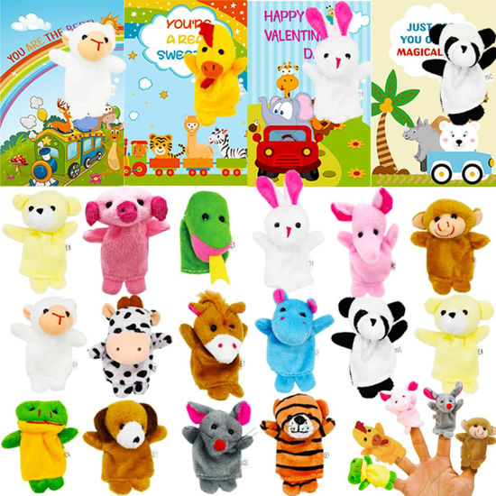 Picture of Valentines Day Card with Plush Animal Finger Puppet Toys Sets, 16Pcs Cartoon Hand Puppets for Kids Valentine's Day Preschool Classroom Exchange Prizes, Valentine Theme Party Favor
