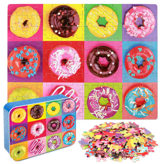 Picture of LELEMON Puzzles for Kids Ages 4-8,Donut Puzzle 100 Piece Puzzles for Kids in a Metal Box, Educational Kids Puzzles Jigsaw Puzzles 100 Piece Puzzle Games Puzzle Toys for Girls and Boys