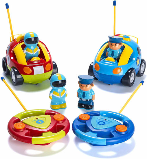Picture of PREXTEX Cartoon Remote Control Car - 2-Pack Police Car and Race Car Toddler Toys - RC Cars for Kids with Different Frequencies - Easy Remote Control Toy and Thoughtful Gifts for Boys and Girls