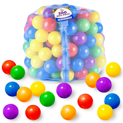 Picture of 200 Count Plastic Balls for Ball Pit, Phthalate and BPA Free, Crush Proof Play Balls for Ball Pit, Pit Balls in Assorted Colors in Reusable and Durable Mesh Storage Bag with Zipper