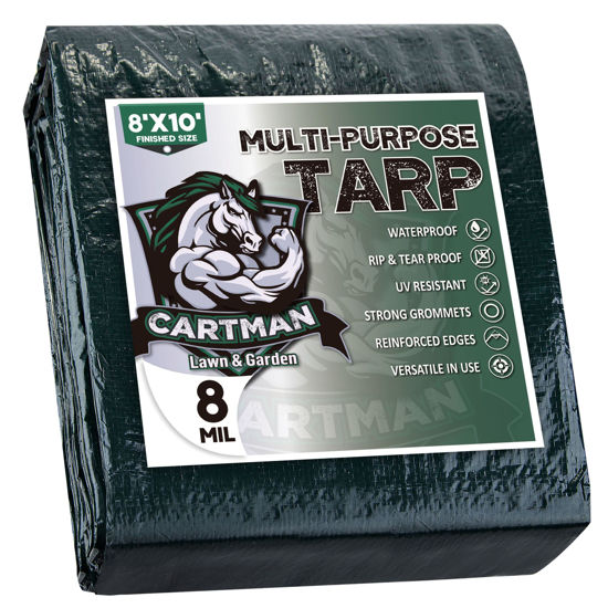 Picture of CARTMAN Finished Size 8x10 Feet Waterproof Green Tarp 8 Mil Thick, Multipurpose Protective Cover for Emergency Rain Shelter Camping Tarpaulin