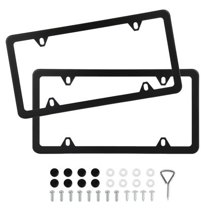 Picture of QUANQIUFEI 2 Pack Black License Plate Frames, Stainless Steel License Plate Cover, Matte License Plate Holder Car Accessories with Screw Caps (4 Holes)