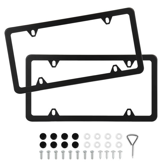 Picture of QUANQIUFEI 2 Pack Black License Plate Frames, Stainless Steel License Plate Cover, Matte License Plate Holder Car Accessories with Screw Caps (4 Holes)
