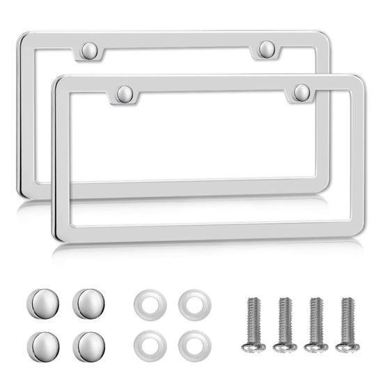 Picture of 2-Pack Solid Silver Rust-Proof Car License Plate Frames - Universal Stainless Steel Holder With Screws & Caps for Women & Men by Lengnoyp