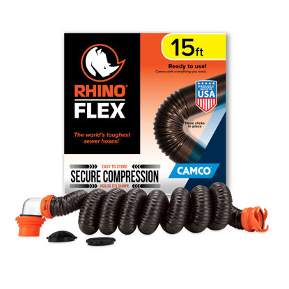 Picture of Camco RhinoFLEX 15-Ft Camper/RV Sewer Hose Kit - Features Clear Elbow Fitting w/Removable 4-in-1 Adapter - Connects to 3” Slip or 3”/3.5”/4” NPT Threaded Sewer Connection (39770)